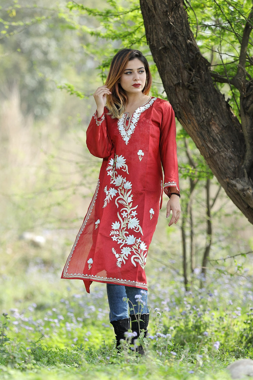 Maroon (Deep Red) Colour Rayon Silk Kurti With Beautiful Aari